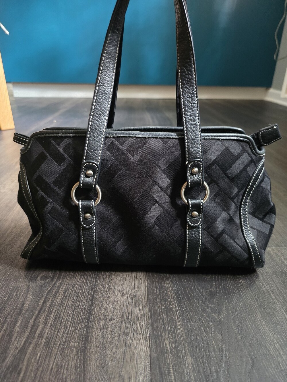 Talbots Black Signature Jacquard Canvas Satchel Trim Y2K Shoulder Bag Purse